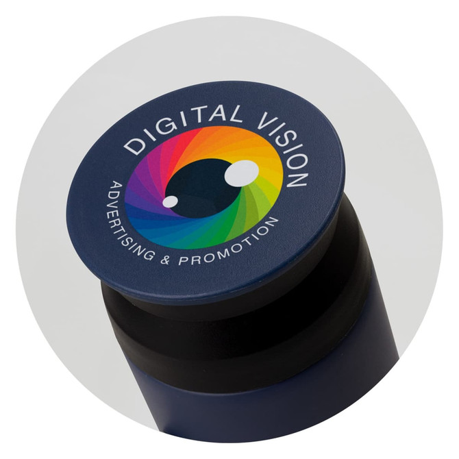 A drink bottle featuring a dark blue body and a circular lid with a colourful logo and branding.