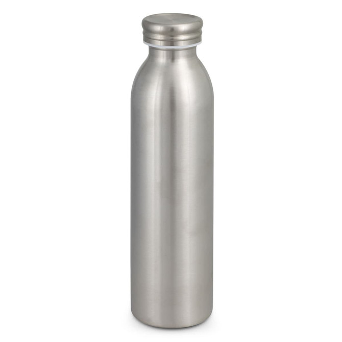 A drink bottle with a sleek stainless steel finish, featuring a simple design and a metallic cap.