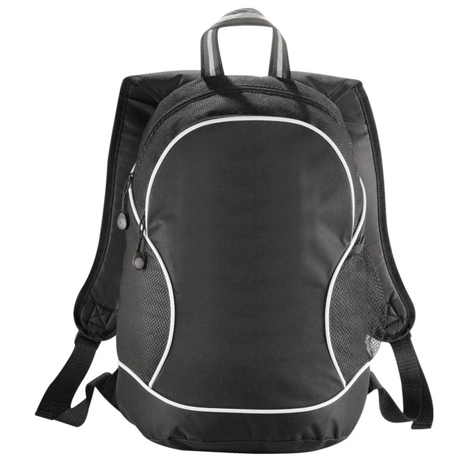 A black backpack with mesh side pockets and white trim, featuring padded shoulder straps and a branding logo.
