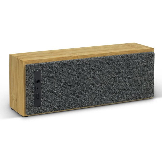 A wooden Bluetooth speaker featuring a grey fabric front and a black control panel on the side.