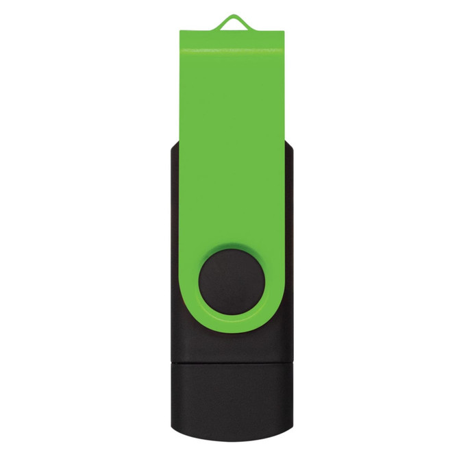 A green and black dual flash drive with a swivel design and a branding logo.