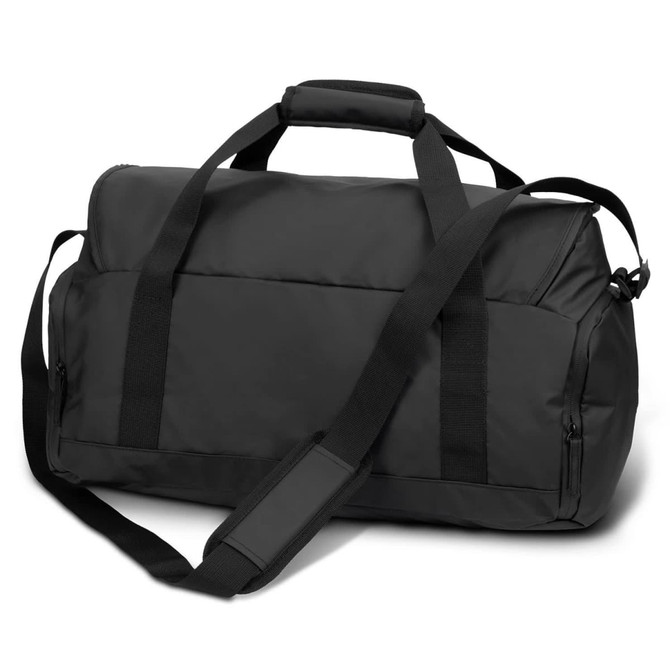 Black duffle bag with dual handles and an adjustable shoulder strap, featuring a logo.