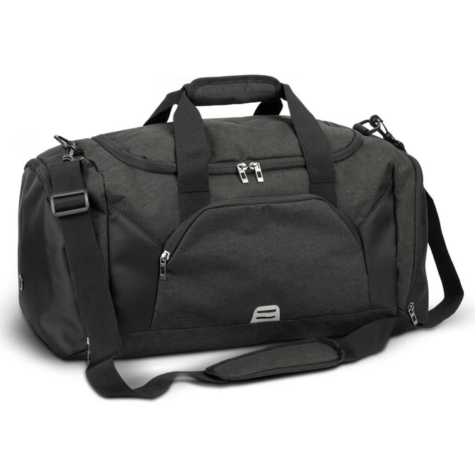 A dark green duffle bag with black accents, featuring multiple handles and a shoulder strap, with a logo.