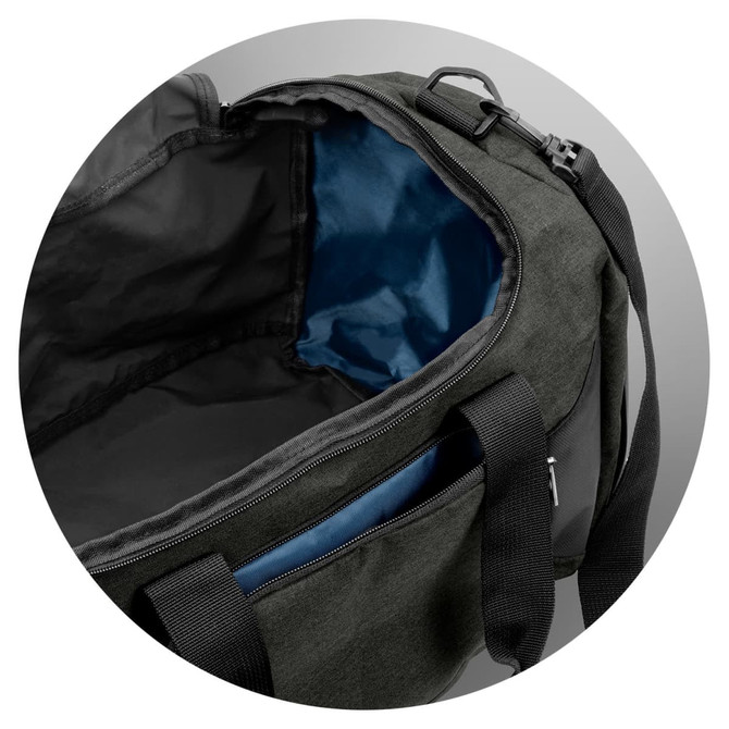A dark green duffle bag with a blue interior and multiple compartments. It has a logo and sturdy handles.