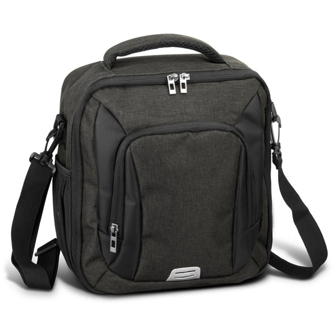 A green cooler bag featuring a zippered main compartment, front pocket, and adjustable shoulder strap. It has a logo.