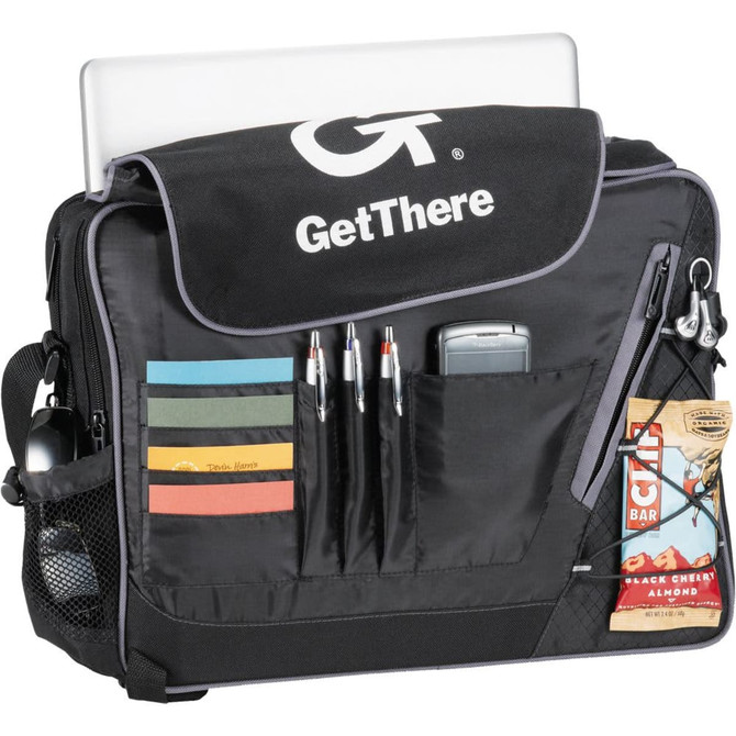 A black laptop bag with multiple pockets, containing pens, sticky notes, and a snack bar. It features a logo on the flap.