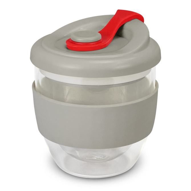 A drink bottle featuring a clear glass body, grey silicone sleeve, and a grey lid with a red stopper.