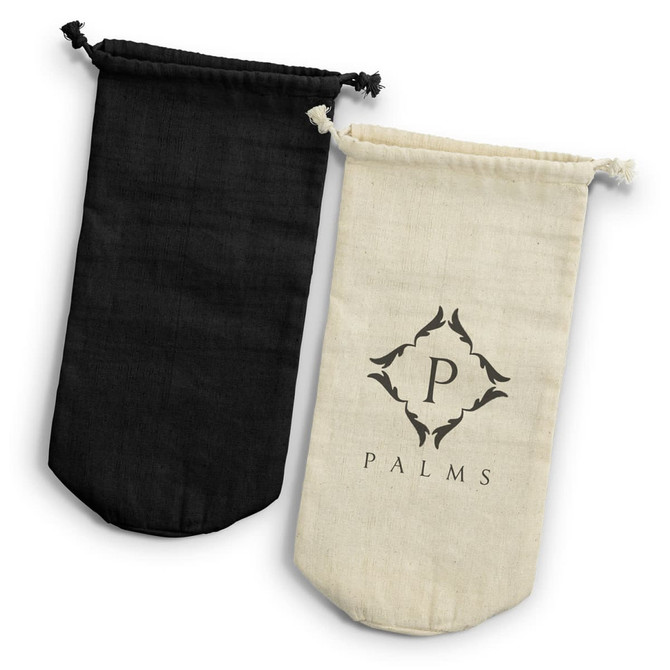 A drink bottle gift bag in black and cream, featuring a logo on the cream bag and drawstring closures.