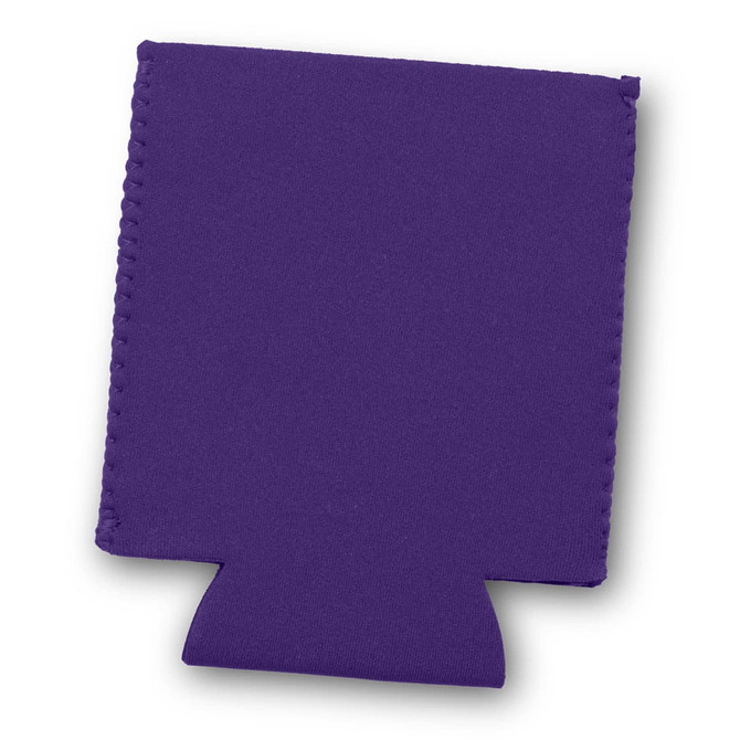 A drink bottle cooler in a vibrant purple colour, featuring a fitted design and a stitched edge.