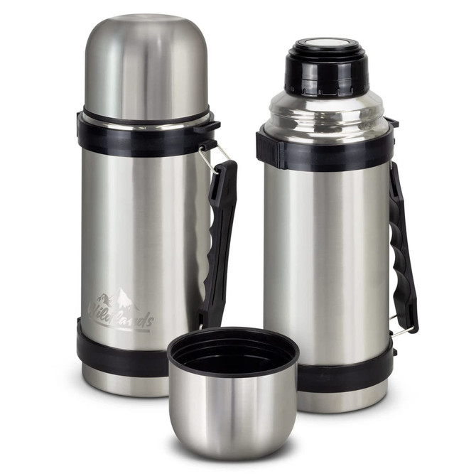 A drink bottle featuring a stainless steel finish, complete with a handle and a detachable cup. It has a logo branding.