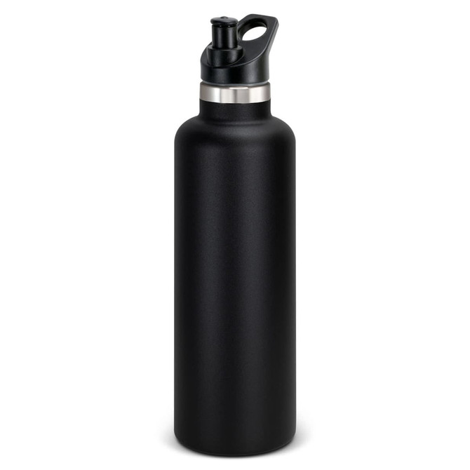 A drink bottle in matte black with a black lid, featuring a spout for easy pouring and a simple logo.