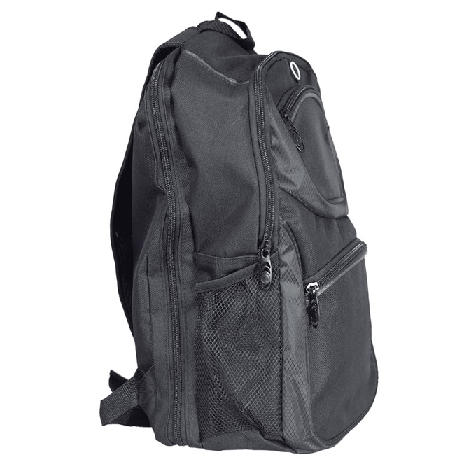 A black backpack with multiple compartments and side mesh pockets, featuring a logo on the front.