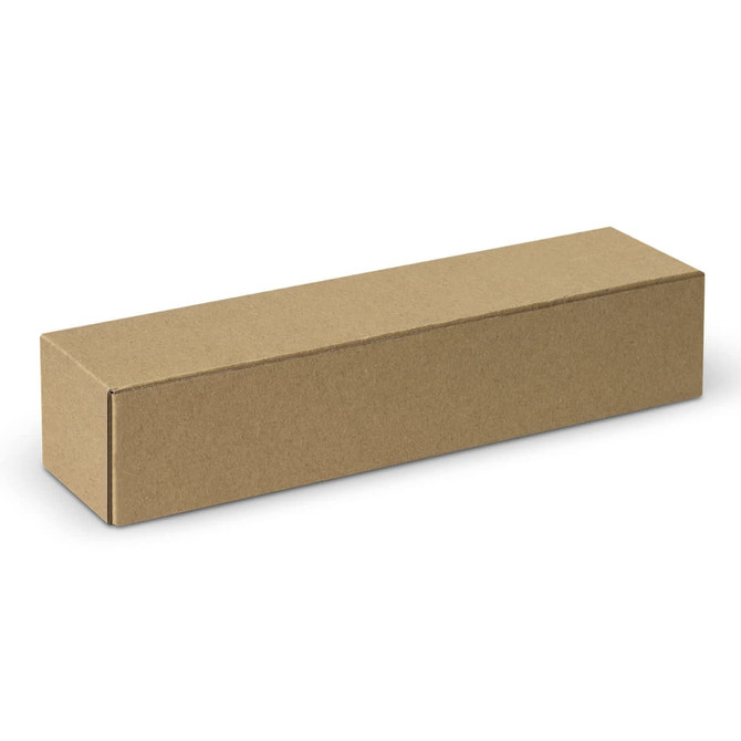 A brown rectangular cardboard box with a closed flap, featuring a simplistic design and no visible branding.