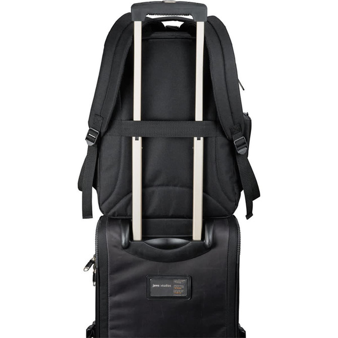 A black computer backpack with adjustable shoulder straps and a retractable handle. It features a logo on the front.