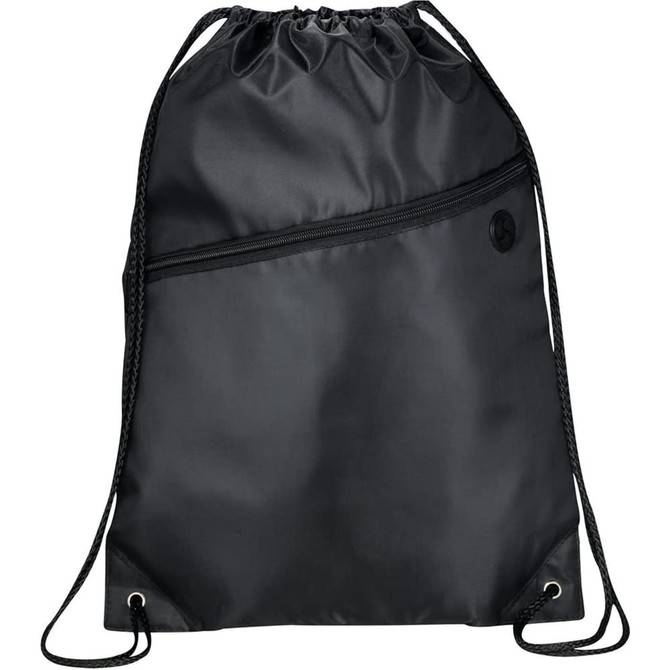 A black drawstring bag featuring a front zip pocket and a logo. The bag has adjustable string straps for carrying.