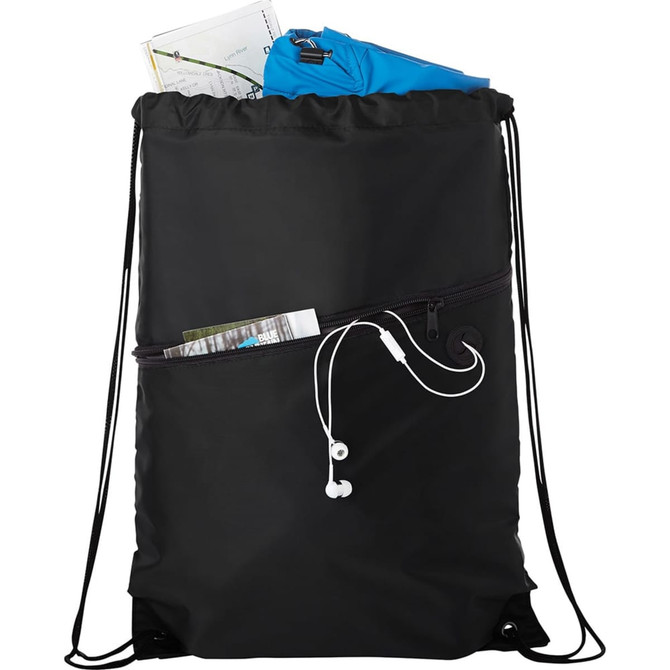 A black drawstring bag with a zippered pocket, containing a blue item, documents, and earphones.
