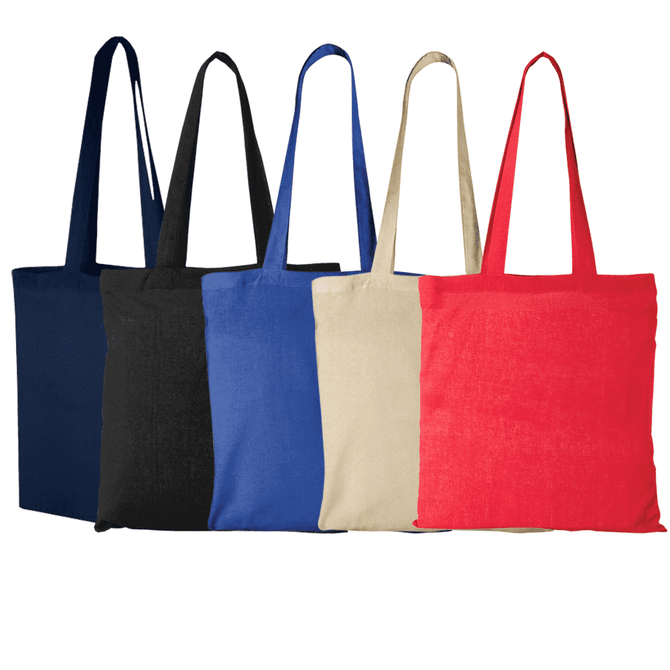 Five tote bags in navy, black, royal blue, beige, and red, featuring shoulder straps and an emblem on one.