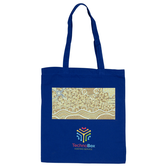 A blue tote bag featuring a patterned fabric panel and a logo at the bottom. The bag has two sturdy handles.
