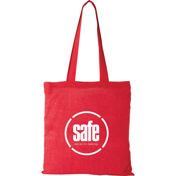 A red tote bag with long handles and a circular logo on the front.