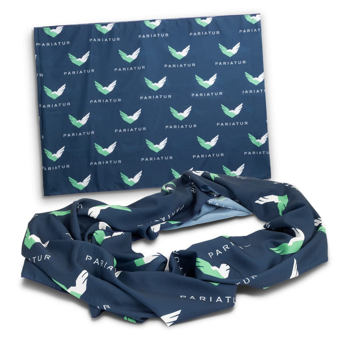 A navy infinity scarf featuring a patterned design with green and white elements, accompanied by a matching wrap.