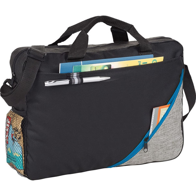 A black laptop bag with a grey side panel, featuring handles, an adjustable strap, and a mesh pocket.