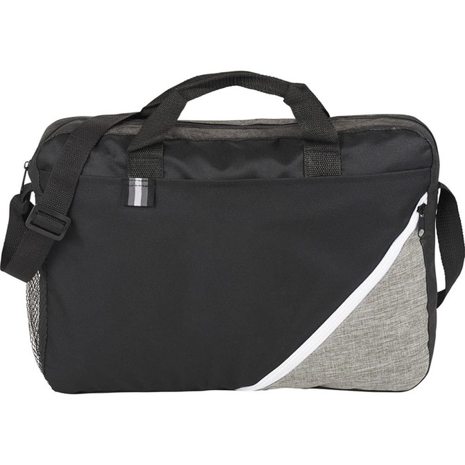 A black and grey laptop bag with a shoulder strap and a mesh side pocket, featuring a logo.