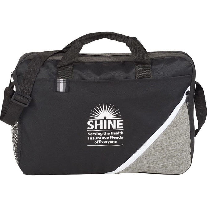 A black and grey laptop bag with a shoulder strap and a mesh pocket, featuring a logo on the front.
