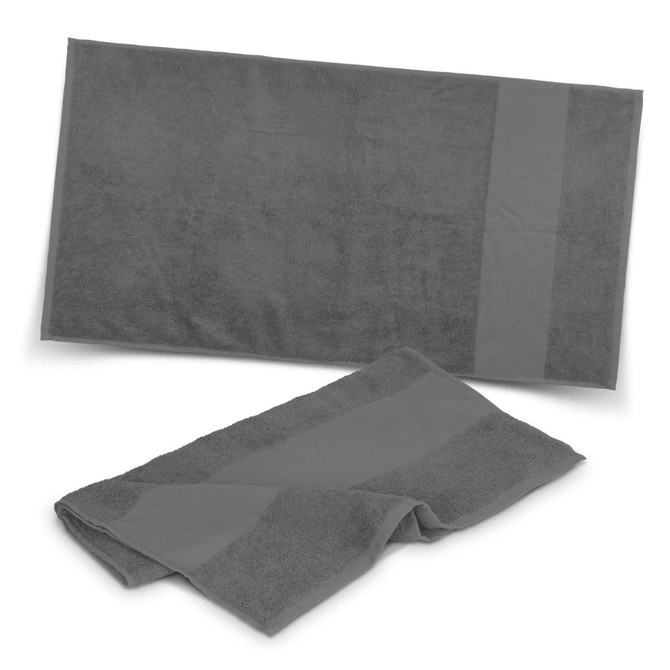 A grey fitness towel set, featuring a large towel and a smaller towel, with a sleek design and a logo.
