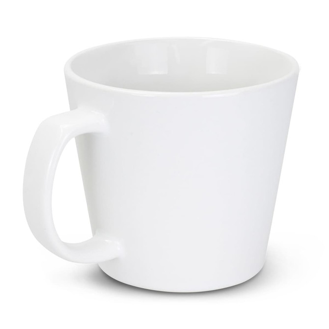 A white coffee mug with a curved design and a handle, featuring a smooth ceramic finish.