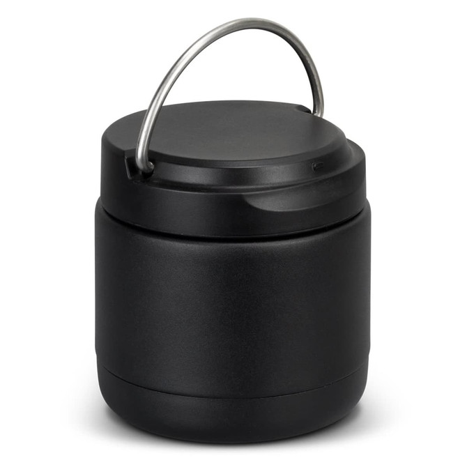 A drink bottle in matte black with a metal handle, featuring a sleek, rounded design and a logo.