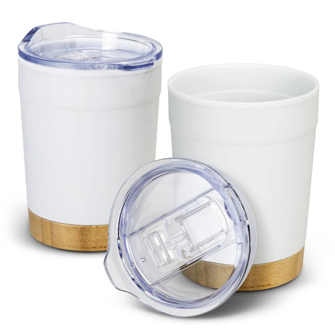 A double wall cup with a white body, wooden base, and a clear lid, featuring two cups in the image.