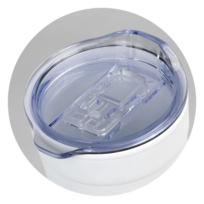 A double wall cup in white with a clear lid, featuring an integrated drinking spout and a brand logo.