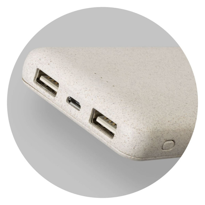 A power bank in a light beige colour with two USB ports and a USB-C port, featuring a logo.