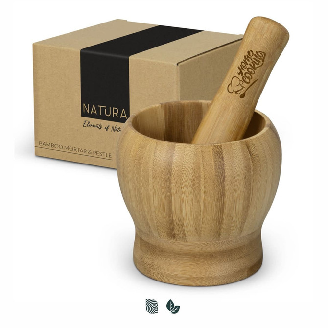 A bamboo mortar and pestle set in a natural wood finish, accompanied by a branded box.