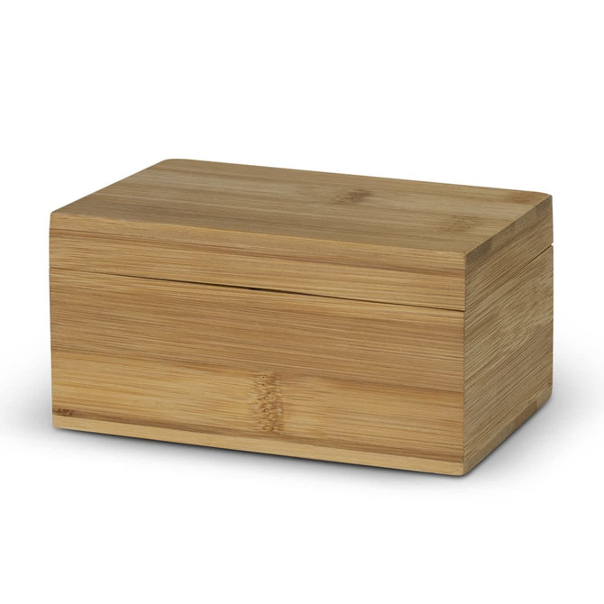 A bamboo tea box with a smooth finish, featuring a simple, rectangular design and a sliding lid.