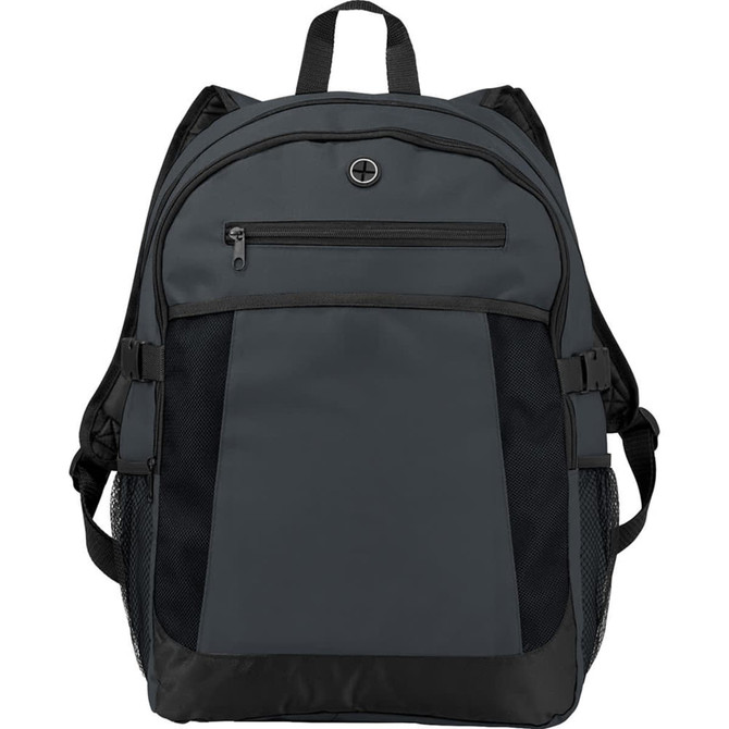 A grey expandable 15" computer backpack with mesh side pockets and a logo on the front.