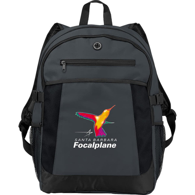 A grey expandable backpack with a vibrant bird design, featuring mesh side pockets and a logo.