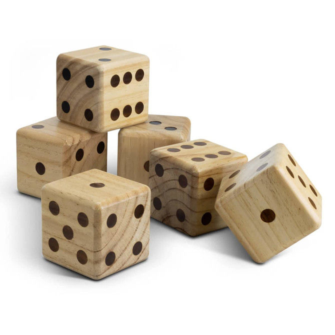 A set of six wooden yard dice, featuring natural wood grain and black dots for numbers.