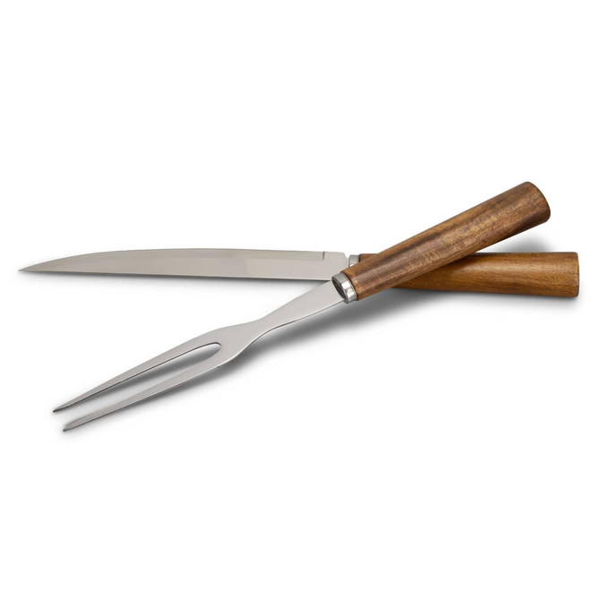 A carving set with a stainless steel knife and fork, featuring wooden handles. Ideal for home and living use.