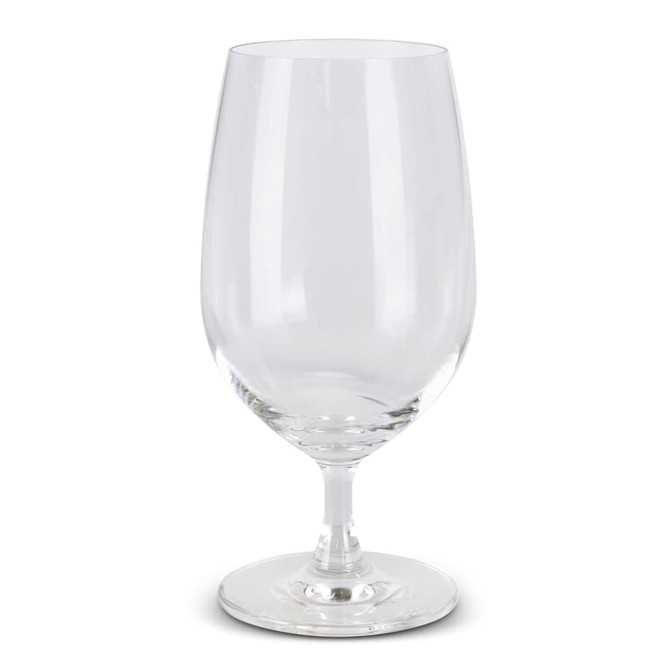 A clear, elegant beer glass with a stem and a wide bowl, showcasing a sleek design.