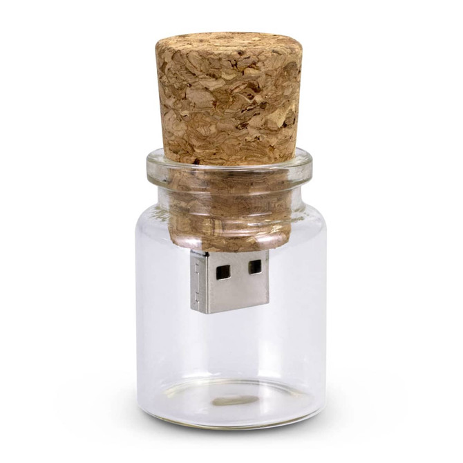 A drink bottle-shaped flash drive with a cork stopper, featuring a silver USB connector, in clear glass.
