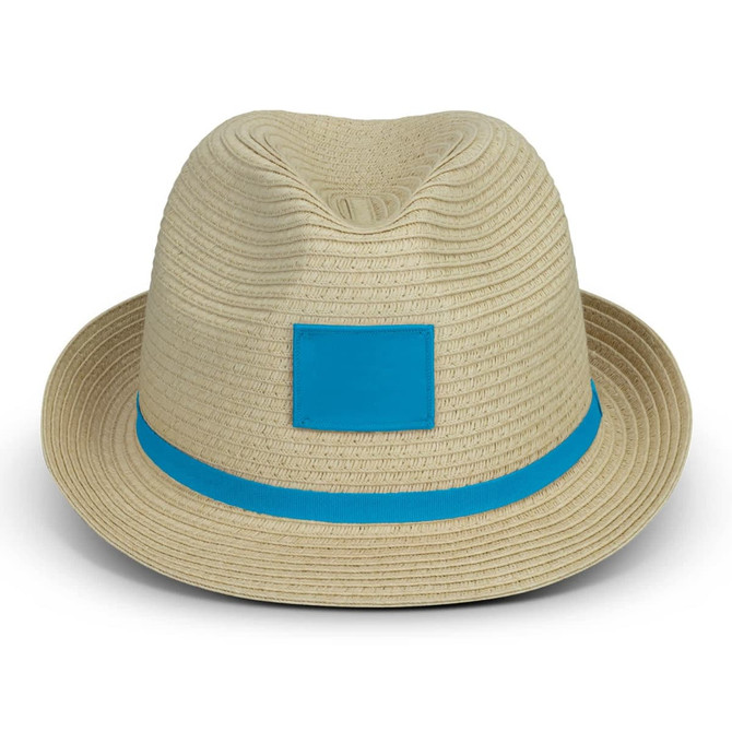 A straw fedora hat in beige with a blue band and a square logo patch.