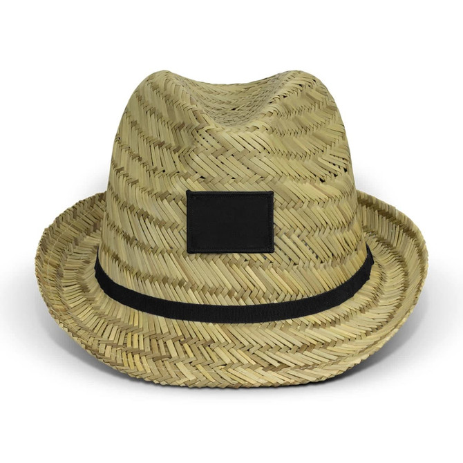 A straw Santiago fedora hat in natural tones, featuring a black band and an empty patch for branding.