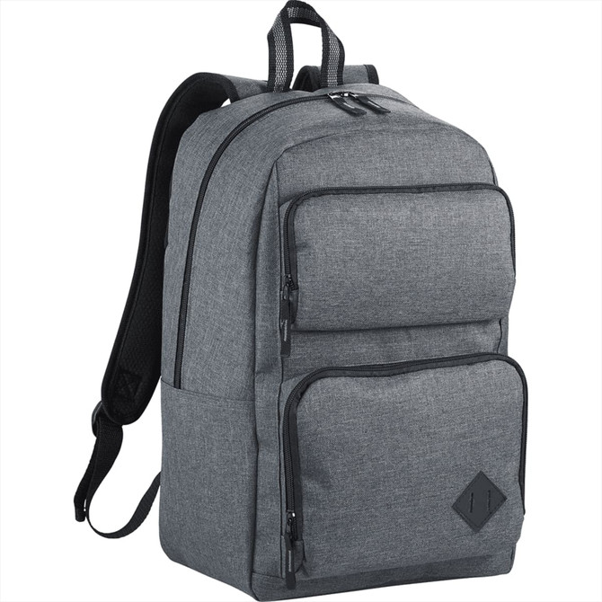 A grey computer backpack featuring multiple compartments and a logo, designed for convenience and style.