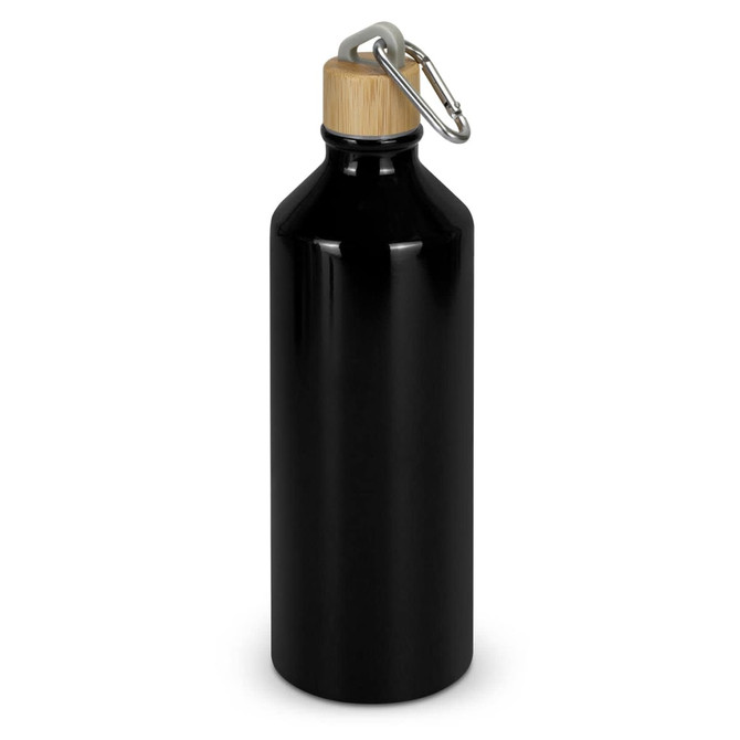 A drink bottle in sleek black with a wooden cap and a metal clip for easy carrying.