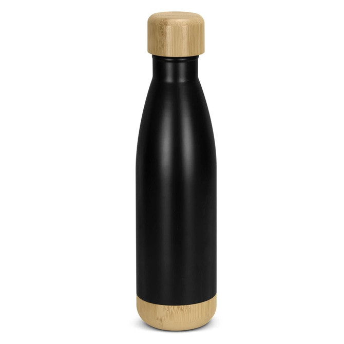 A drink bottle featuring a sleek black design with a bamboo base and wooden lid.