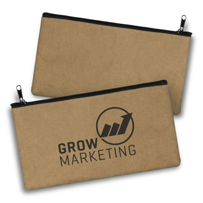 A kraft pencil case in a brown tone featuring a logo, with a black zip closure.