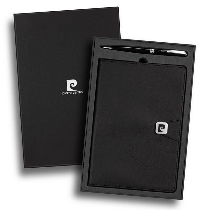 A black notebook and silver pen presented in a sleek black gift box, featuring a logo on the notebook.