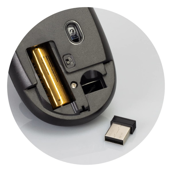 A wireless travel mouse in black, featuring a battery compartment and a USB receiver.