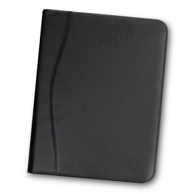 A black leather portfolio featuring smooth edges and a logo, designed for office and business use.